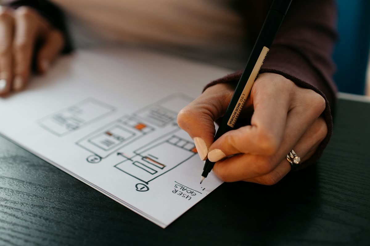 Designer desenhando wireframes de um site à mão